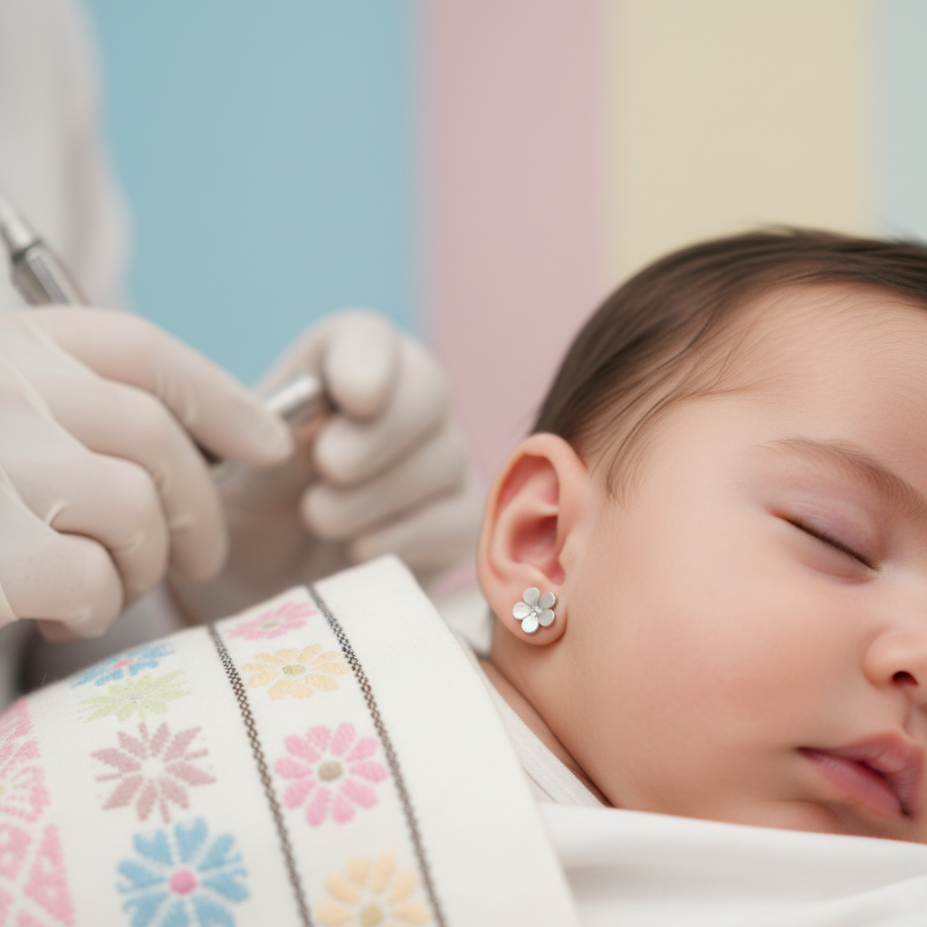 Bebé con aretes de titanio