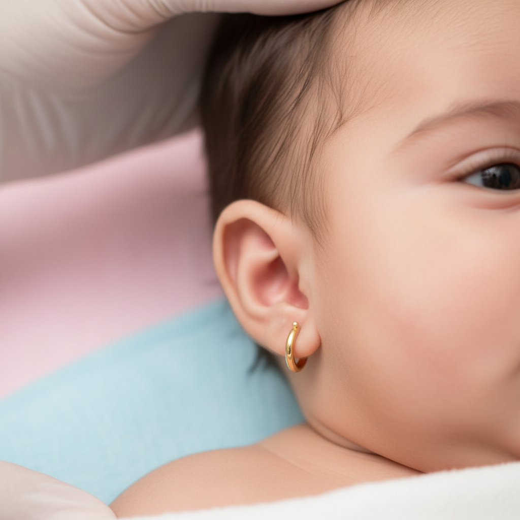 Bebé con aretes dorados